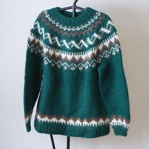 100% Wool Handmade Green Knit Sweater L/XL